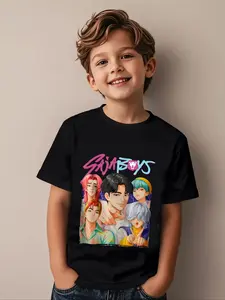New Summer Limited Edition Kids Short Sleeve T-Shirt, Round Neck Top, Kpop Theme, Casual Cartoon Print, Graphic Tees, Unisex Clothing