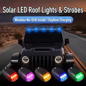 Solar Car Roof RGB Strobe Lingts With Remote Control ,Drill-Free Installation, Roof Running Lights，8-Color Waterproof LED Vibration Sensor ，Universal Cable-free LED Cab Running Lights, Decorative Warning Navigation Lamp for Truck SUV Cars.