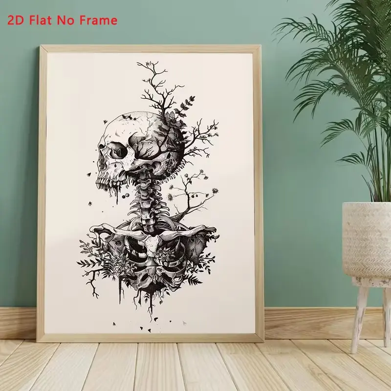 Unframed Gothic Dark Skeleton Canvas Print, and Skull Spine Art Poster, Moody Dark Academia Wall Decor for Bedroom & Living Room