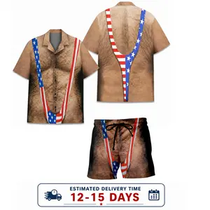 Funny Patriotic Shirt & Shorts Set, American Flag Chest Hair Illusion Hawaiian Outfit