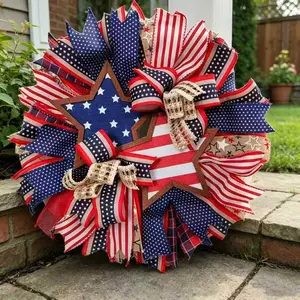 Elegant Patriotic Wreath, Blue Flowers, American Flag Bow, Usa Lettering, Independence Day and Memorial Day Decorations