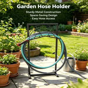 Heavy-duty metal garden hose reel stand, outdoor freestanding hose reel rack, detachable hose storage stand with 150-foot capacity, rust-resistant design with anti-slip spikes for enhanced stability, ideal for outdoor lawns and garden flower beds
