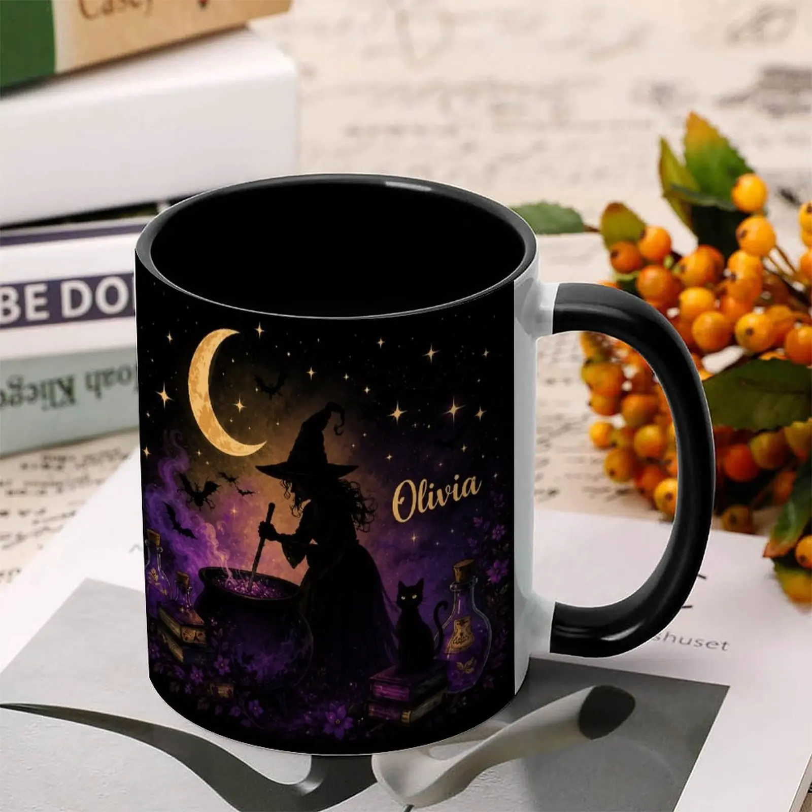 Personalized Witch Cauldron Single Cup with Handle Grip, Purple Moon & Black Cat Gothic Theme Halloween Drinkware, Custom Name Kitchenware Gift, Witch Motif
