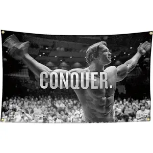 Arnold Schwarzenegger Conquer Motivational Inspirational Office Gym Wall Decor Flag Banner,3x5 Feet Flag Funny Poster Durable Man Cave Wall Flag Decoration Size summerwins,summerwins