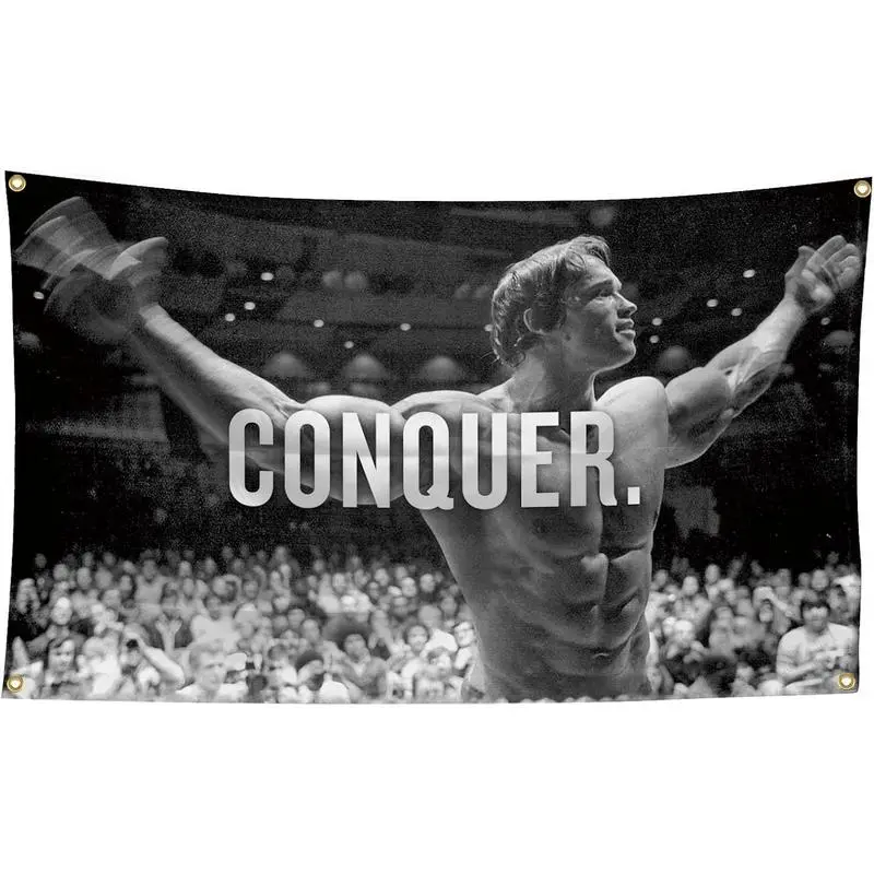 Arnold Schwarzenegger Conquer Motivational Flag Banner - Summerwins Durable Fade Resistant Tapestry, Indoor Room Decor Decoration for Office Gym, Customizable Size Options Flags for Room, Wall Decor