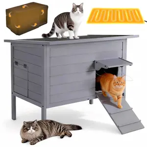 PAWGIANT Outdoor Cat House with Heating Pad, Heated Cat House, for Outdoor Waterproof, Large Insulated Winter Feral, Cat Shelter, for Multiple Cats Small Animals, Foam Wooden Cat Condos, with Elevated Base Escape Door, Gray