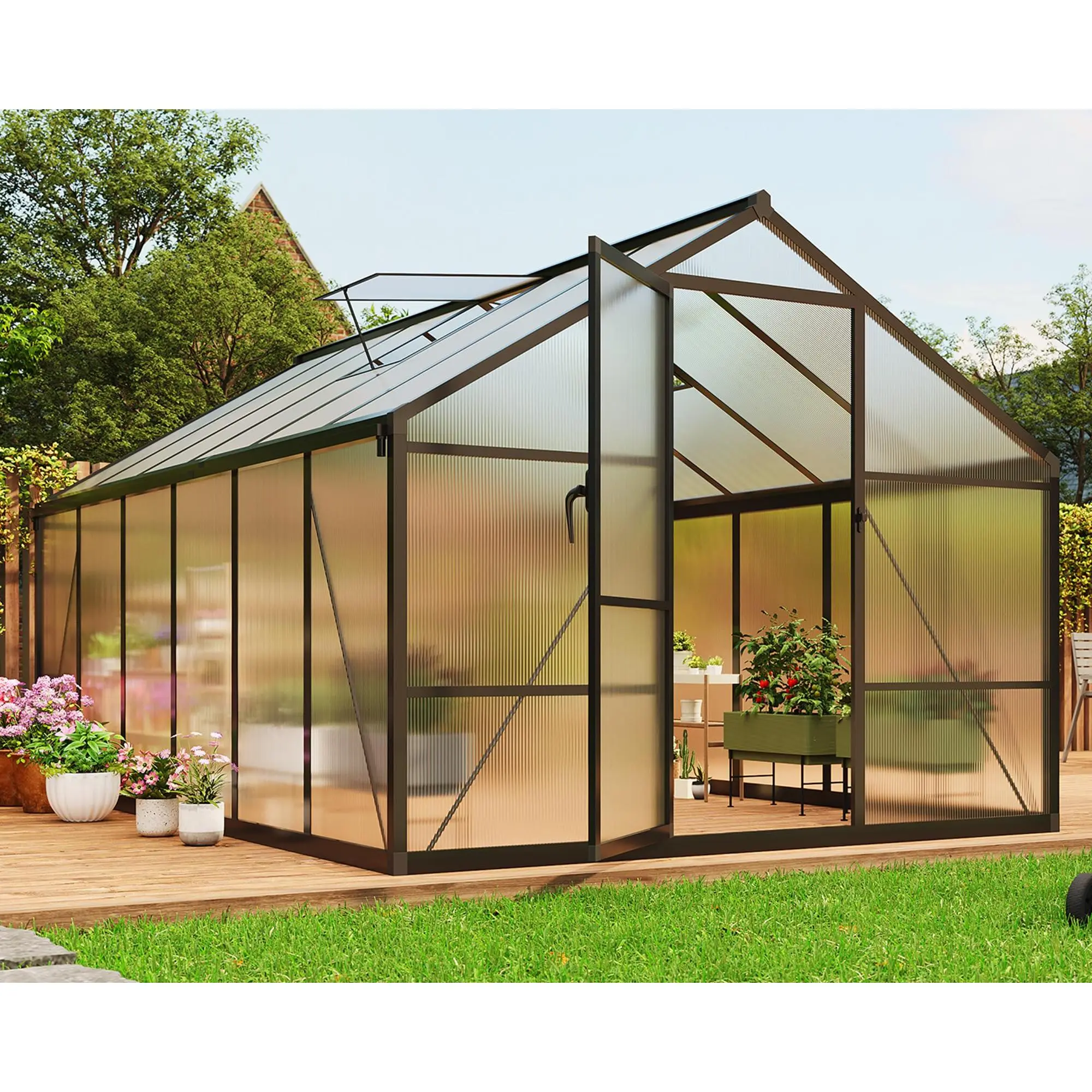 8x12 ft Outdoor Polycarbonate Greenhouse - Heavy Duty Aluminum Frame Garden Greenhouse with Lockable Door, Adjustable Roof Vent, for Backyard Patio Vegetable & Flower Growing, Outdoor Polycarbonate Greenhouses, Heavy Duty Greenhouse