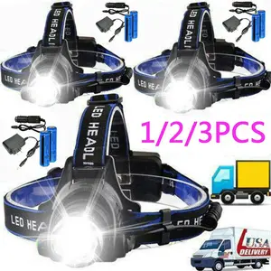 LED Headlamp Rechargeable Head Torch Zoom Headlight Lamp Super Bright Flashlight 3 Modes Light With 2 Li-ion Batteries 2 Charger