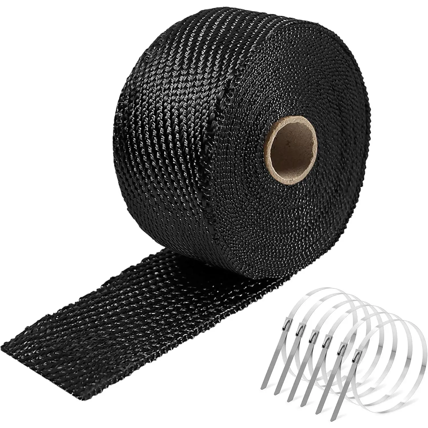 Automotive & Motorcycle Fiberglass Exhaust Wrap - 1 Roll Black 2''x16' Fiberglass Material Shield Tape, 1200°F Direct & 2500°F Intermittent Temperatures Resistance, Stainless Steel Ties for Exhaust Tube Installation (Wear Gloves First)