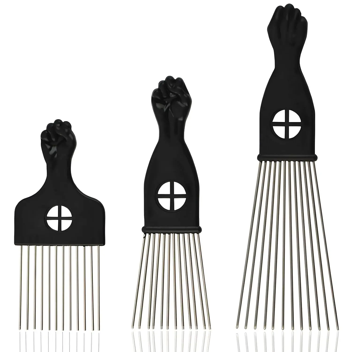Men & Women's 3-Piece Stainless Steel Fist Design Afro Hair Pick Comb Set, Essential Hairdressing Styling Tool for Natural Curly Hair