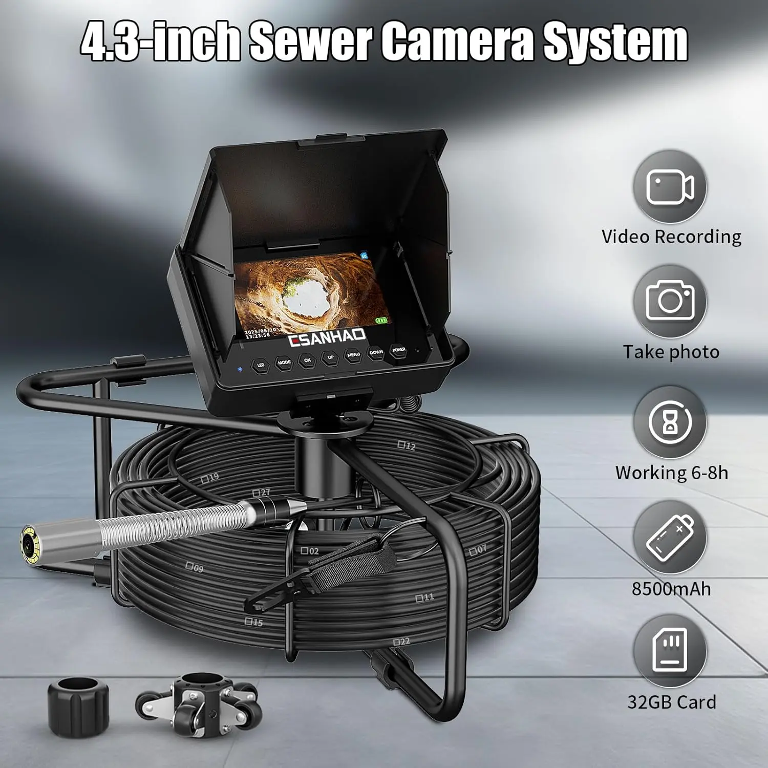 【Summervibes】HD Pipe Inspection Camera Kit, 100FT/30M Sewer Borescope Endoscope with 12 LEDs, 4.3" IPS Screen, 32GB Card, 23MM Plumbing Snake, 8500mAh Battery, Video Recording & Wide Viewing Angle (30M DVR)