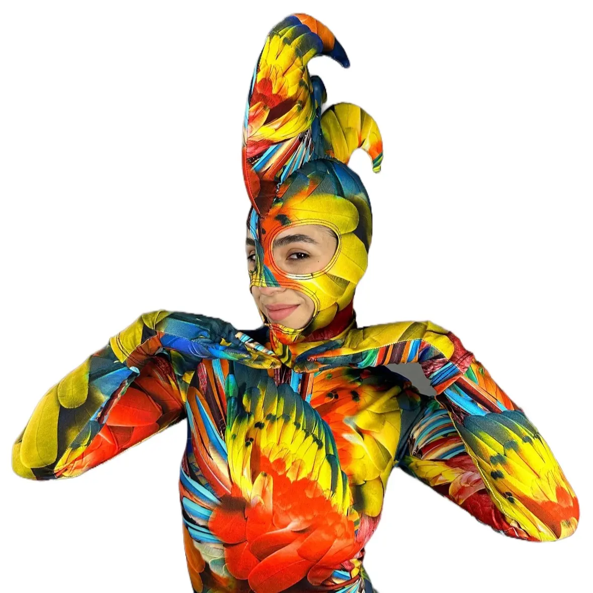 Women's Parrot Costume Jumpsuit, Chic Colorful Lycra Prints with Turtleneck, Foam Headpiece and Accessories, Lightweight, Fitted, Fabric, Statement, Vibrant, Dynamic, Bird, Fashion Apparel, Women's Fashion
