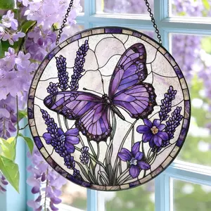 Butterfly & Lavender Acrylic Suncatcher – Purple Butterfly Window Hanging, Floral Stained Glass Style Decor, Gift for Mom