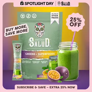 Salud 2-in-1 [Greens + Superfoods – Passion Fruit] Daily Greens Drink Mix, Agua Fresca, Gut Health & Bloating Support, Probiotics & Prebiotics, Vegan, Non-GMO, Easy-to-Drink Greens Powder (15 Servings)