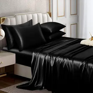 6 count Satin Sheet Set  Size Luxury Silky & Soft Black Satin  Bed Sheet Set with 16" Deep Pocket, 1 Fitted Sheet, 1 Flat Sheet, 4 Pillowcases