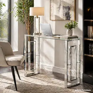 ARCH Silvery BS-02 S Stainless Steel and Reinforced Glass Rectangular Console Table - Compact Modern Indoor Side Table with Rubber Pads, Quick-Setup Furniture for Apartments