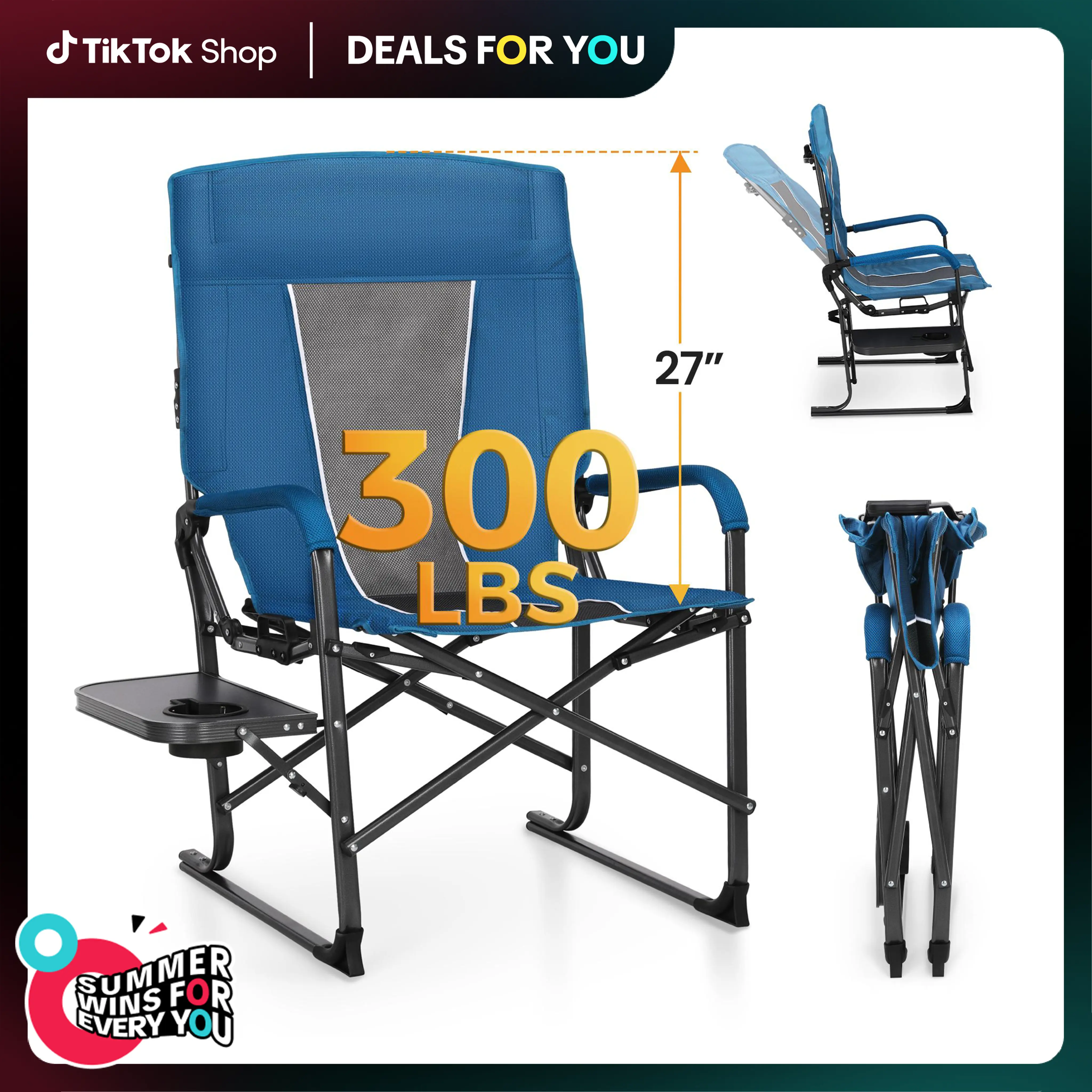 DealsForYouDays PHIVILLA 27” High Back Adjustable Camping Chair, 2-Position Reclining Folding Director Chair Supports 300lbs, Heavy Duty Outdoor Lawn Chair with Side Shelf