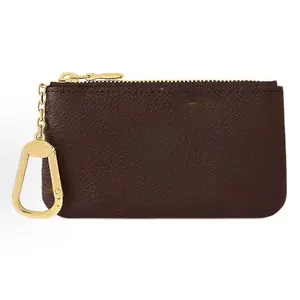 Monogram Print Key Pouch, Designer Inspired Coin Purse with Gold Keychain, Slim Zipper Card Holder for Daily & Travel