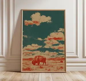 [Sale off up to 50%] [Free ship] [No Frame] Vintage Bison Wall Art, Retro Western Poster, Desert Landscape Print, Rustic Wildlife Decor