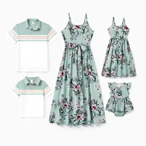 PatPat Family Matching Sets Green Striped Polo Shirt or Flora Print Strap Belted Dress Spingtok