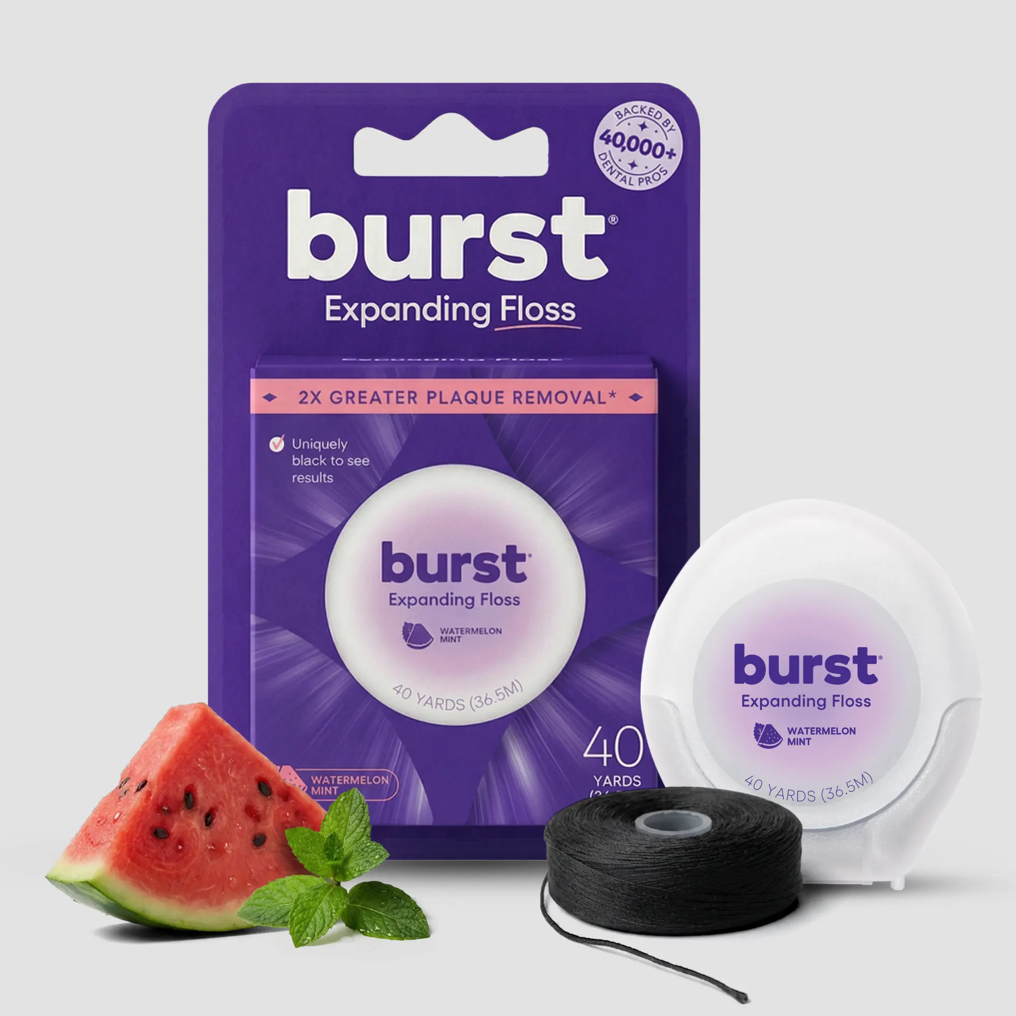 Watermelon Mint Expanding Dental Floss - BURST Black Expanding, Stain-Absorbing, Woven Floss, Vegan, Paraben Free, Removes Plaque Watermelon Mint Expanding Dental Floss - BURST Black Expanding, Stain-Absorbing, Woven Floss, Vegan, Paraben Free, Removes Plaque