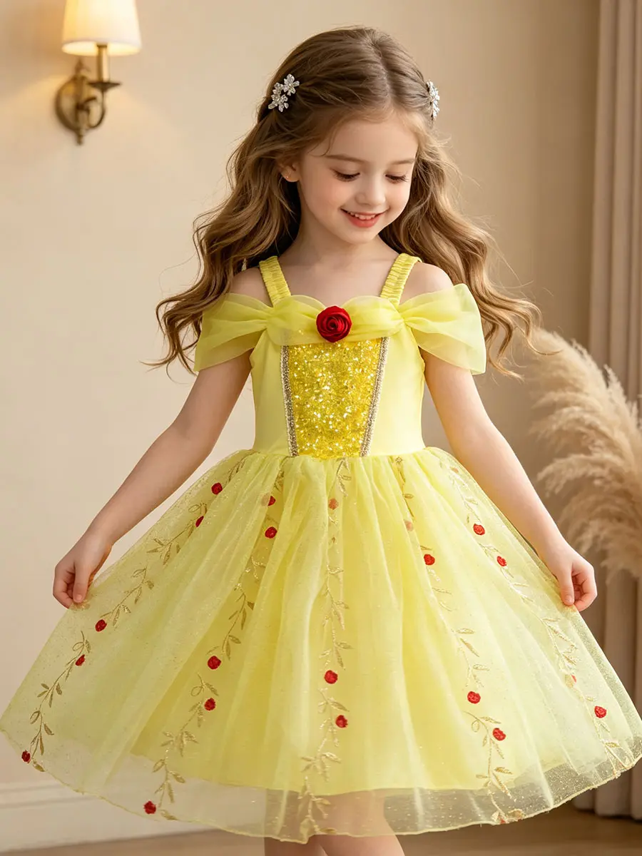 Girls' Off-Shoulder Polyester Blend Lovely Bow Dress - Yellow, Red Rose Decor, Sequined Bodice, Embroidered Tulle Princess Tutu, Birthday Party Clothes, All-Seasons, Hand Wash Only