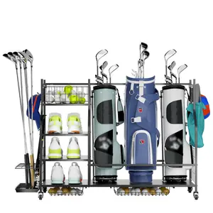 Golf Bag Storage Rack for Garage with Wheels, Organizer for Golf Bag and Equipment Accessories, Golf Organizer Stand Ideal for Home, Garage, Club, Shed, Basement - Sturdy and Durable (Black)