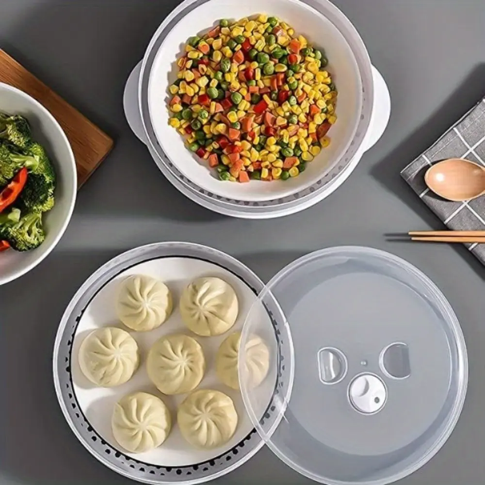 Round Plastic Microwave Steamer with Handles & Visible Top, Portable Container for Dumplings & Vegetables, for Dorm & Camping Kitchens, Cover, Camping Cooking, Dual Steam Holes, Transparent, 1 Piece