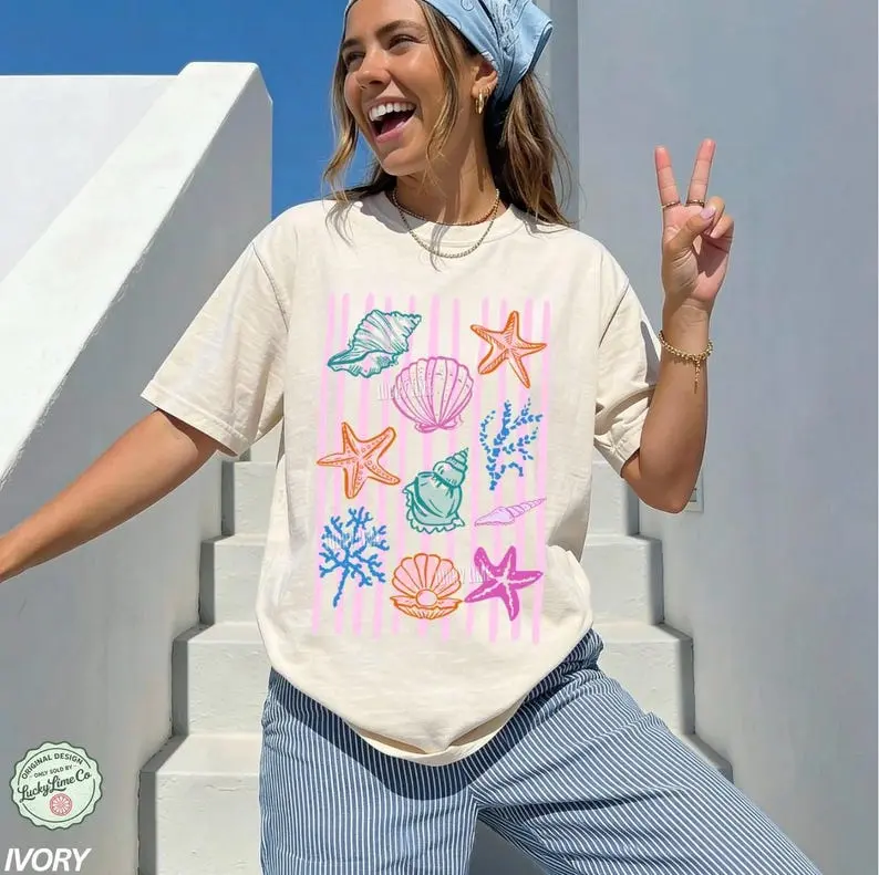 Comfort Colors Seashell T-Shirt, Beach Shirt, Summer Graphic Tee, Ocean Lover, Sea Shell Tee, Summer Vacation Tshirt, Womens Beach Shirt