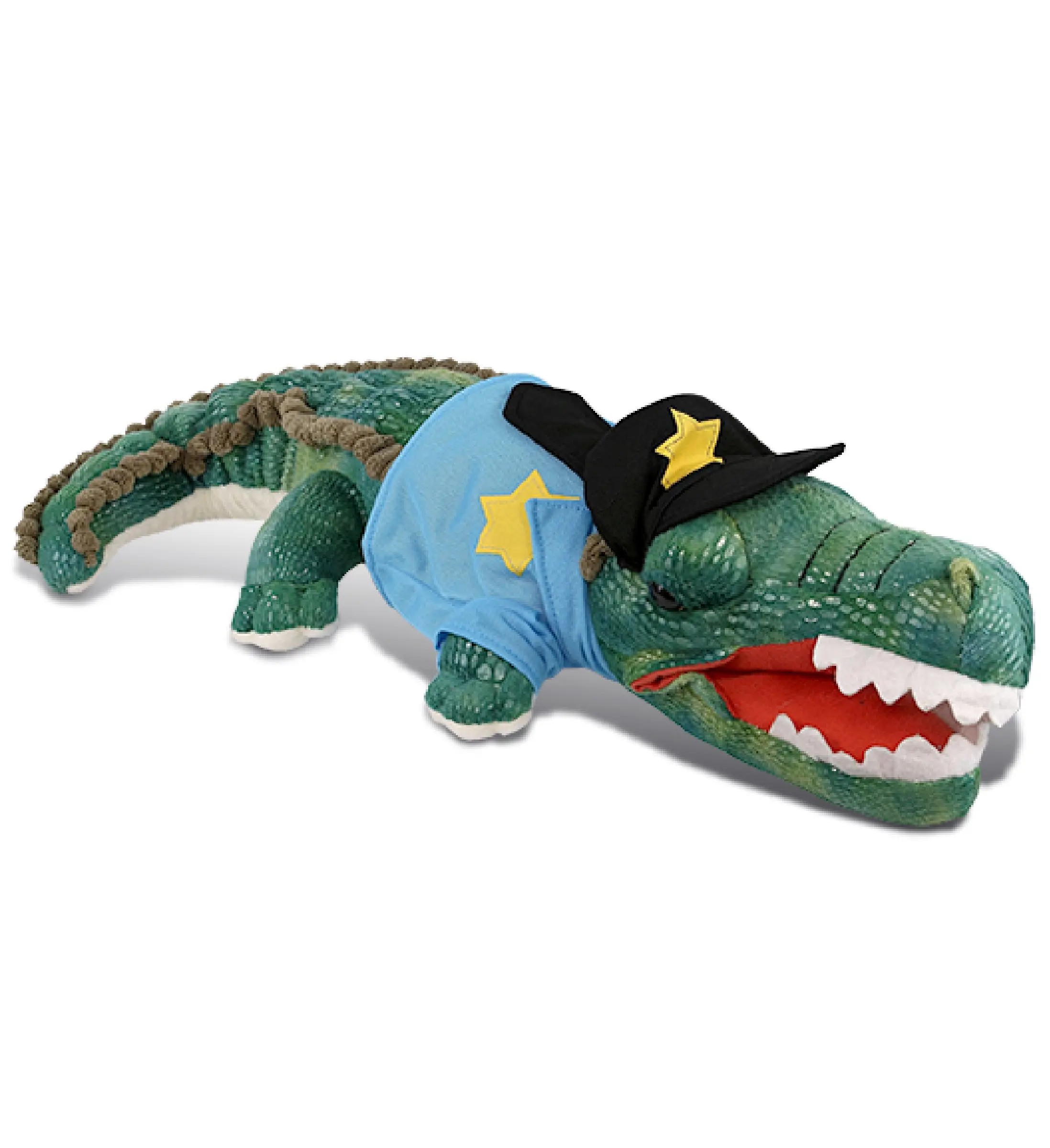 DOLLIBU 18in Green Alligator Soft Plush Toy - Wild Collection Polyester Fabric Stuffed Animal with Polyester Clothes, Yellow Star Black Cap, Blue Shirt, Unisex Kids' Gift for Toddler Pretend Play (1 Green Alligator Plush Toy, Not Applicable)