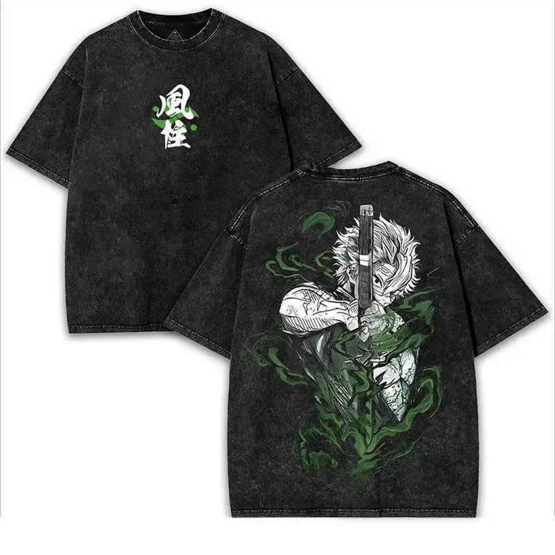 Men's Demon Slayer Kimetsu No Yaiba Shinazugawa Sanemi Wind Hashira v2 Vintage Double Printed Acid Washed Graphic Tee, Unisex Fantasy Streetwear Distressed Casual Top Merch