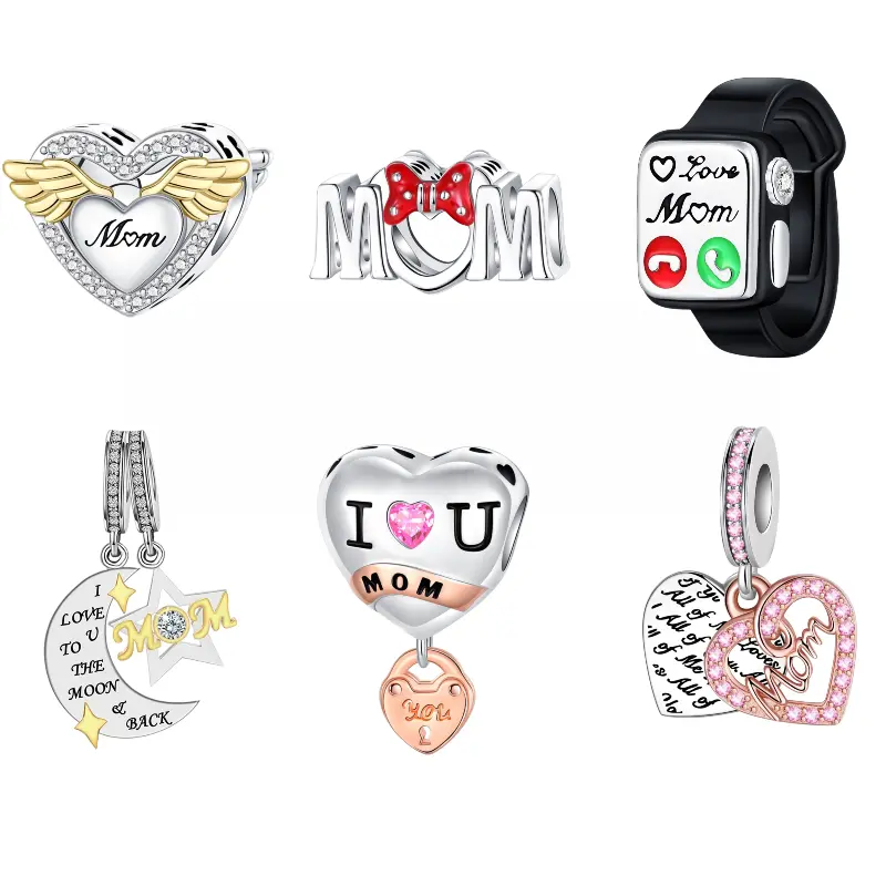 "I Love Mom" Series 925 Silver-plated Jewelry Charms, DIY Beads Fits for Necklace Bracelet, Perfect Gift for Mothers