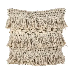 SARO  18 in. Square Moroccan Wedding Blanket Style Fringe Cotton Down Filled Throw Pillow Ivory