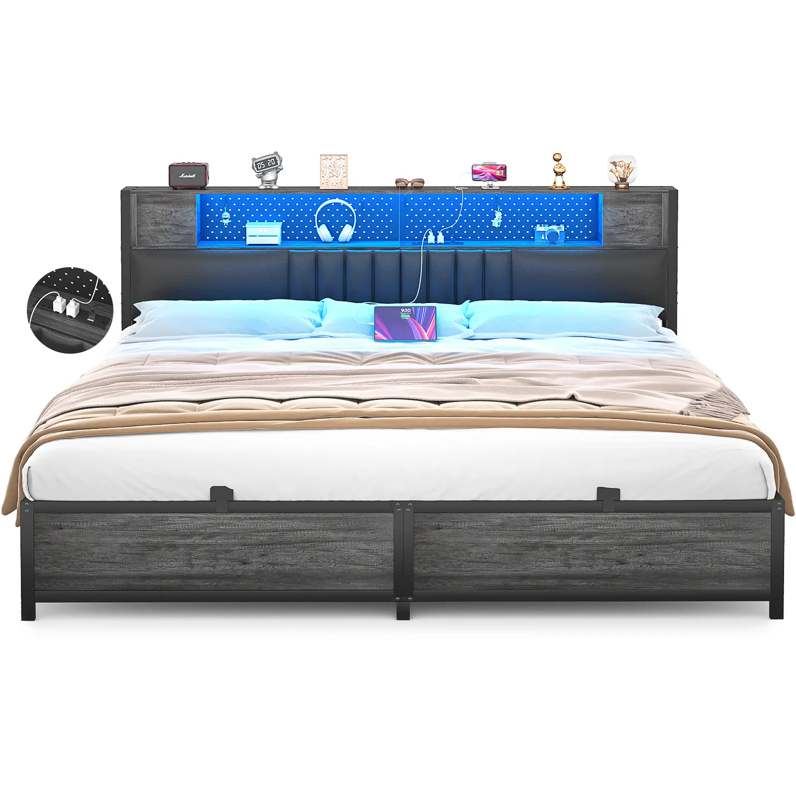 Homieasy King Size Bed Frame with Storage Headboard and Charging Station, Luxury Cool Queen Size LED Bed Frame with Storage, Bed with Light, New Smart