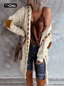 Women's Patchwork Print Drop Shoulder Cable Knit Hooded Cardigan, Casual Long Sleeve Knitwear for Fall & Winter, Women's Clothes