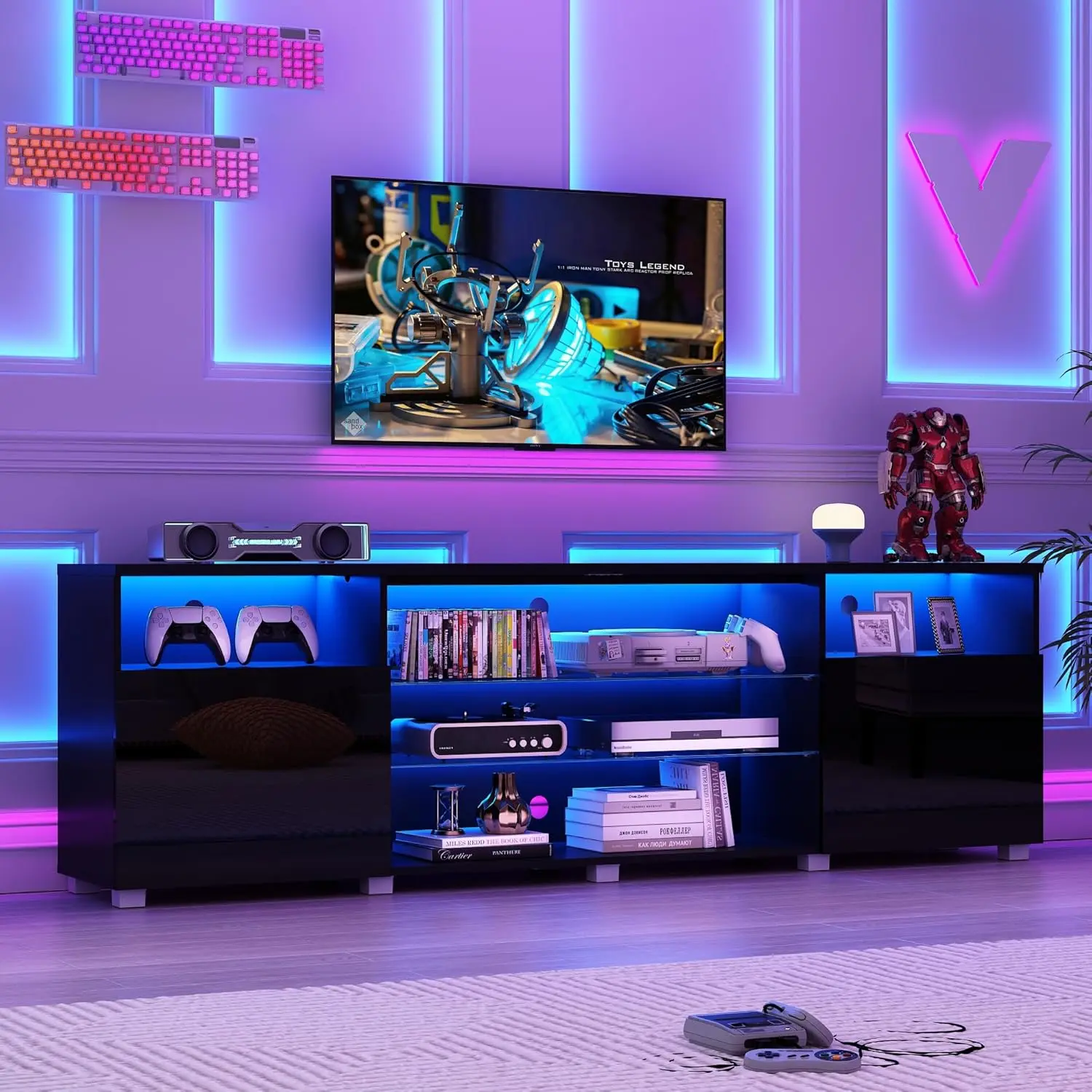 86.6 inch  LED TV Stand for 80/85/90/95 inch TV, High Gloss TV Cabinet with Adjustable Storage Shelves, Modern LED Entertainment Center, TV Table Media Furniture for Living Room, Black