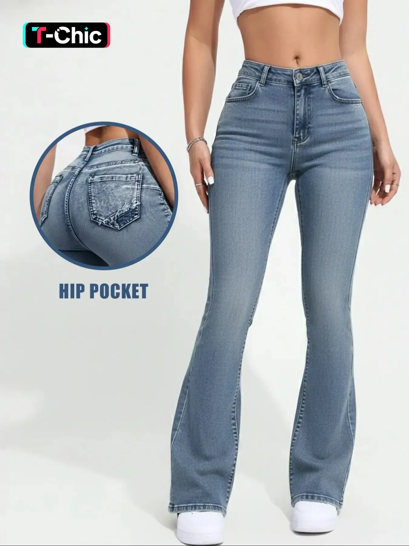 Autumn women's mid-rise washed stretch skinny flared leg denim jeans, Casual streetwear, hip-lifting slim fit flared pants, Christmas atmosphere wear, Button, Bottoms
