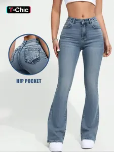Autumn women's mid-rise washed stretch skinny flared denim jeans, Casual, hip-lifting slim flared pants, Christmas atmosphere wear, Button