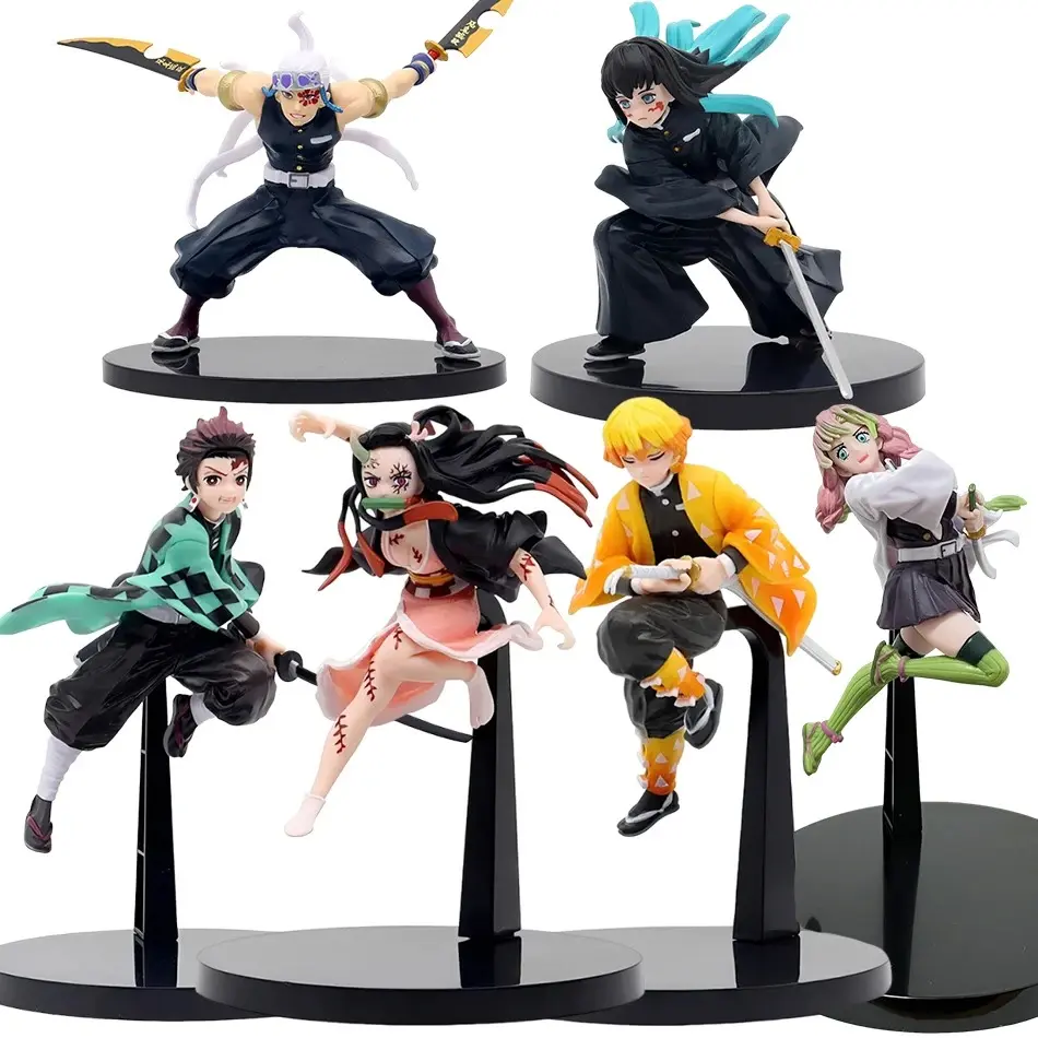Combat-pose figures: Tanjiro Kamado, Kyojuro Rengoku, Zenitsu Agatsuma — PVC models/display figures