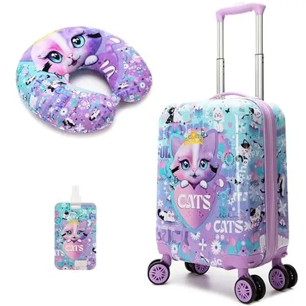 Girls' 3-Piece Cute Purple Cat Hardshell Luggage Set - Child Sized, Cute Colorful Princess Kitten Rolling Suitcase with Matching Travel Neck Pillow, Luggage Tag & Aesthetic Spinner Wheels Carry-On, Child Sized Luggage, Cute Colorful Luggage