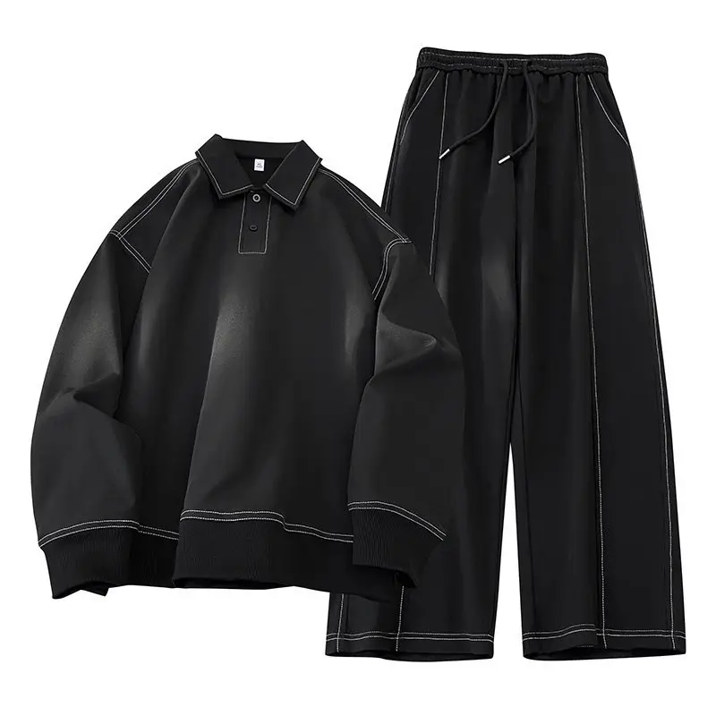 Men's 2-Piece Relaxed-Loose Fit Outdoor Sportswear Set - Full-Length Pants, Long-Sleeve Polo Sweatshirt, Solid Colors, Hong Kong-Style High-End Casual Multi-Size Male Outfit