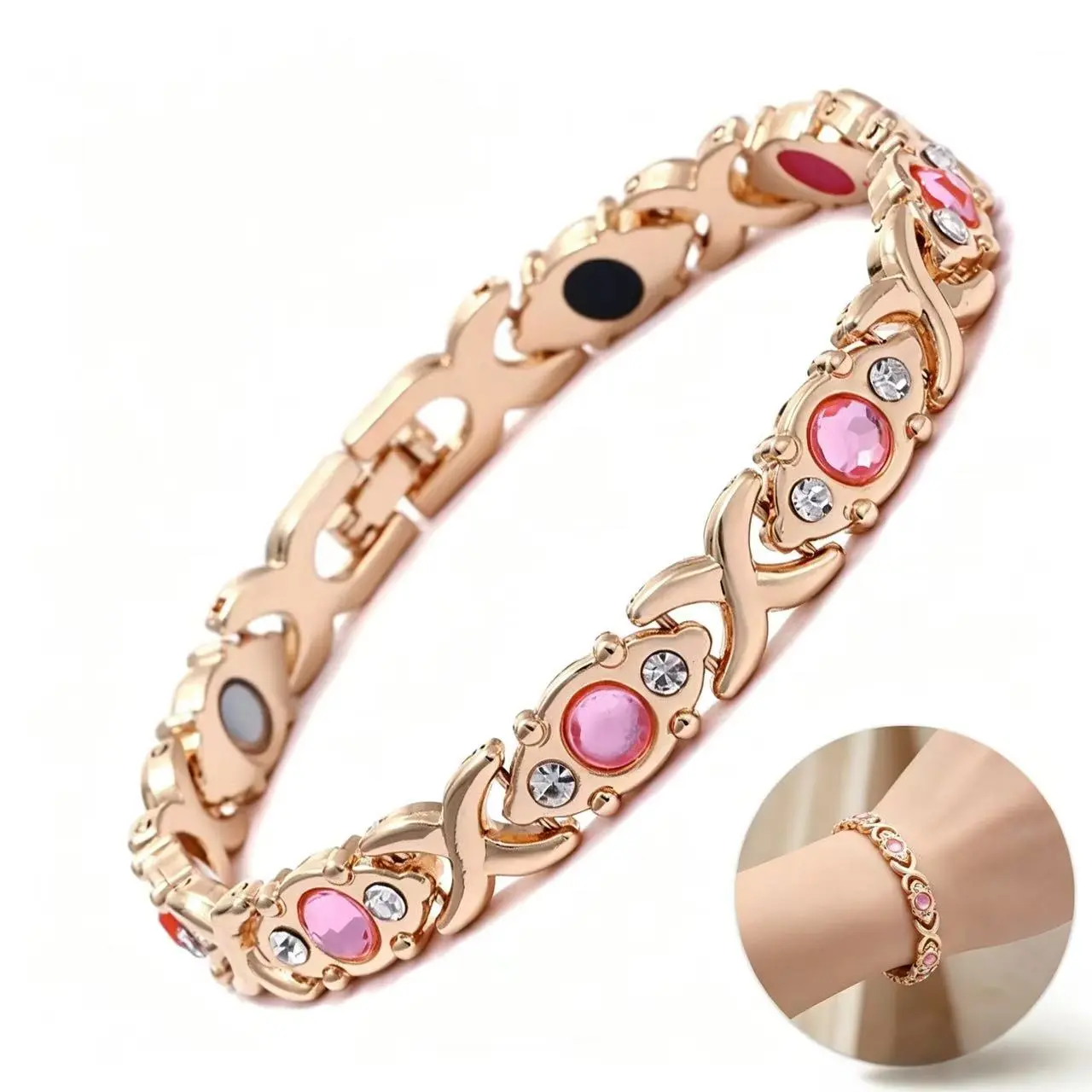 Women's Rose Gold Magnetic Bracelet with Pink Crystal & Rhinestone Accents, Fashion Energy Magnet Bracelet,Elegant Fashion Link Jewelry Gift for Mom, Wife, Girlfriend & Everyday Wear