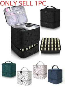 Double Layer Nail Polish Organizer Cosmetic Bag, Waterproof Geometric Fabric Nail Tech Case with 30 Bottle Slots, Portable Nail Art Tool Storage Bag for Nail Dryer and Tools, Travel Manicure Kit Bag for Nail Technicians and Enthusiasts