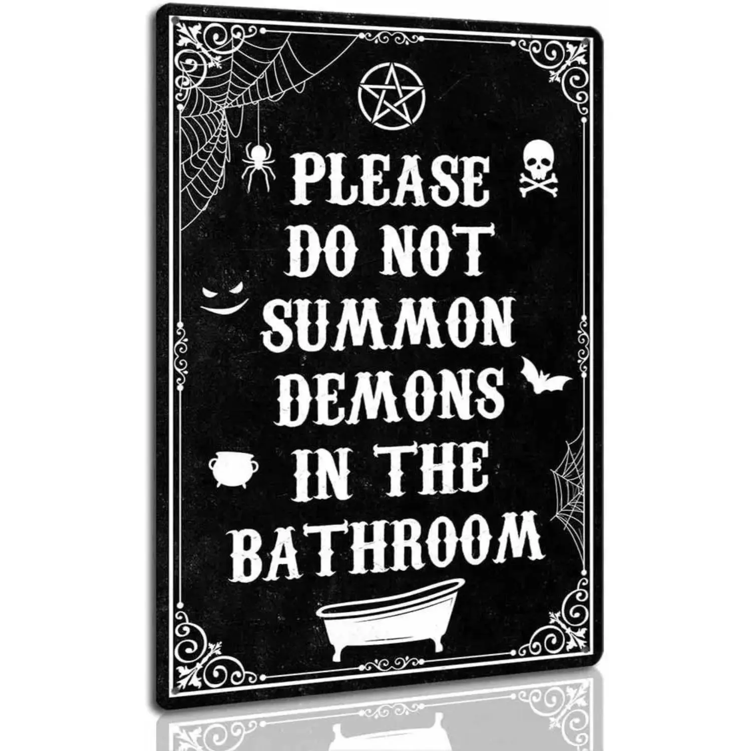 8x12 Inch Funny Black Gothic Metal Sign, "Please Do Not Summon Demons In The Bathroom" Vintage Spooky Decor for Halloween Bathroom Home Decor