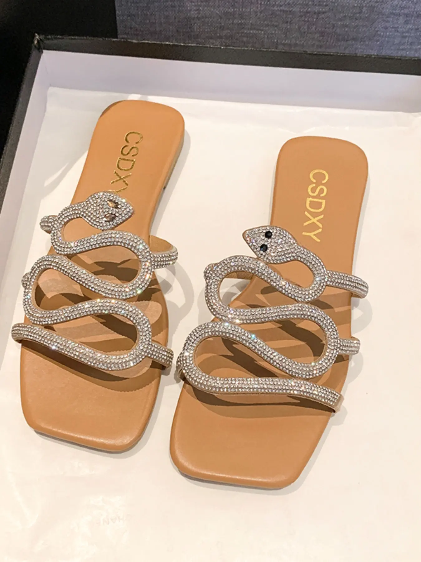Women's Snake Shape Flat Sandals, Summer New Water Drill Fashion Slippers, Boho Style, Outer Wear, Less Than Ankle Height, Fashionable Sandals
