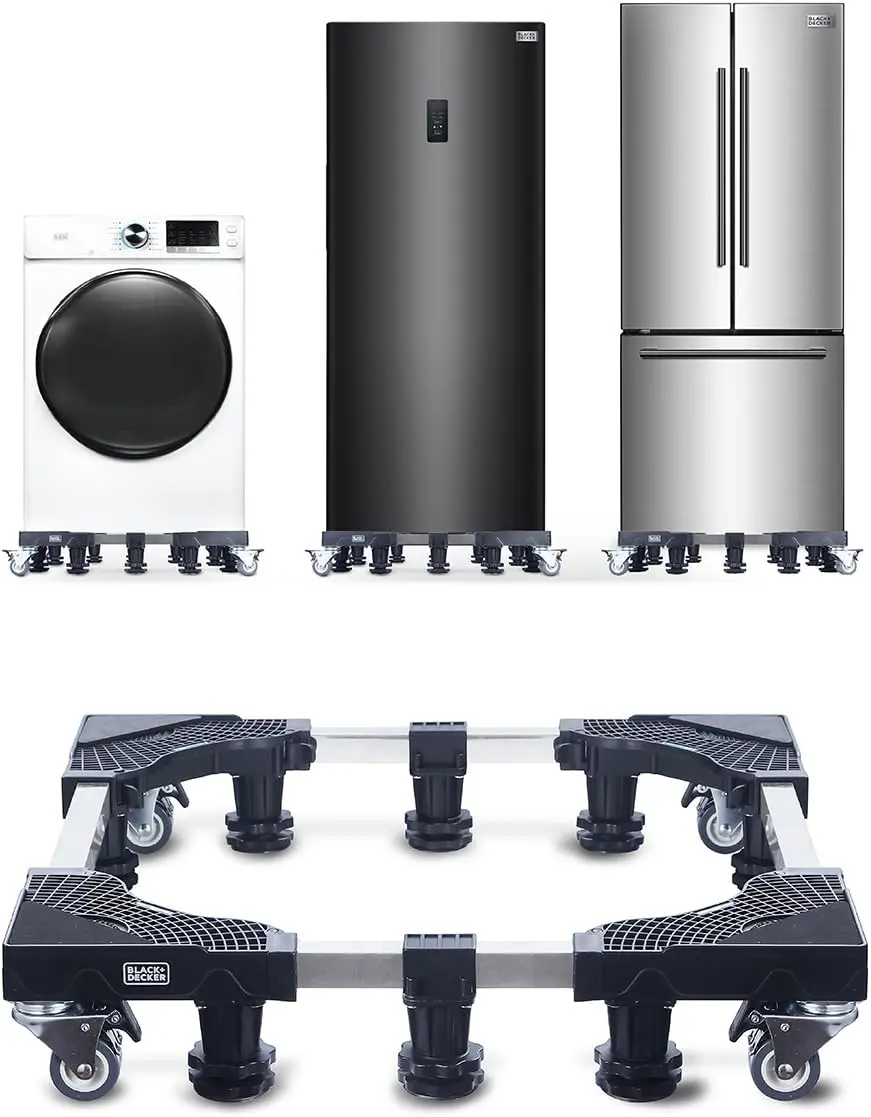 BLACK+DECKER Full-Size Multi-Functional Stand with Wheels, 4"H Major Appliance Pedestal Dolly Stand with Anti Vibration Pads, Supports 700 lbs., Adjustable 24-31", Stainless-Steel Frame, BWS24, Black