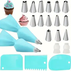 21-Piece Piping Bags and Tips Set with 14 Stainless Steel Nozzles 2 Reusable Pastry Bags 2 Couplers and 3 Scrapers for Kitchen Frosting Piping Kit
