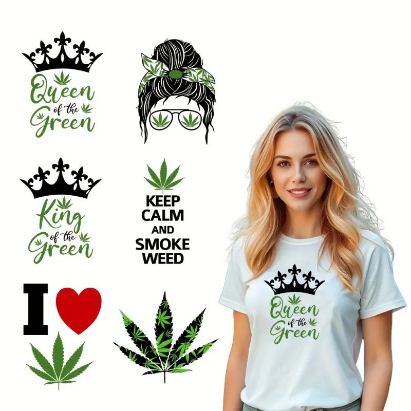 6 Pcs Weed Leaf Design Craft Supplies Heat Transfer Stickers Iron on Patches for Clothing Tshirt Sweatshirt Denim Backpacks DIY Decoration