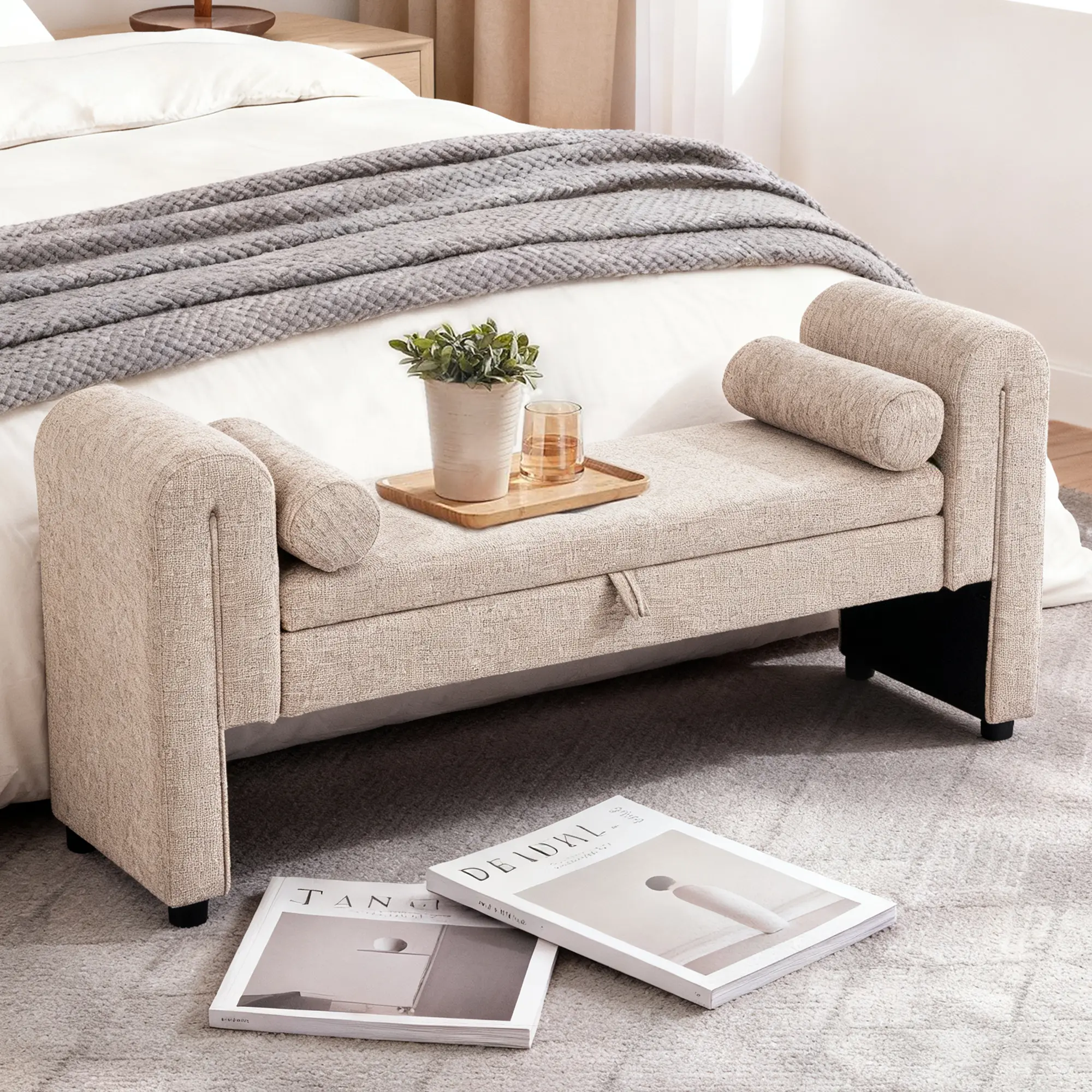 Mid-Century Modern Ottoman Bench - Linen-Blend Fabric Lounge-Style Comfy Storage Stool for Bedroom Living Room Entryway Dining Room Accent Furniture