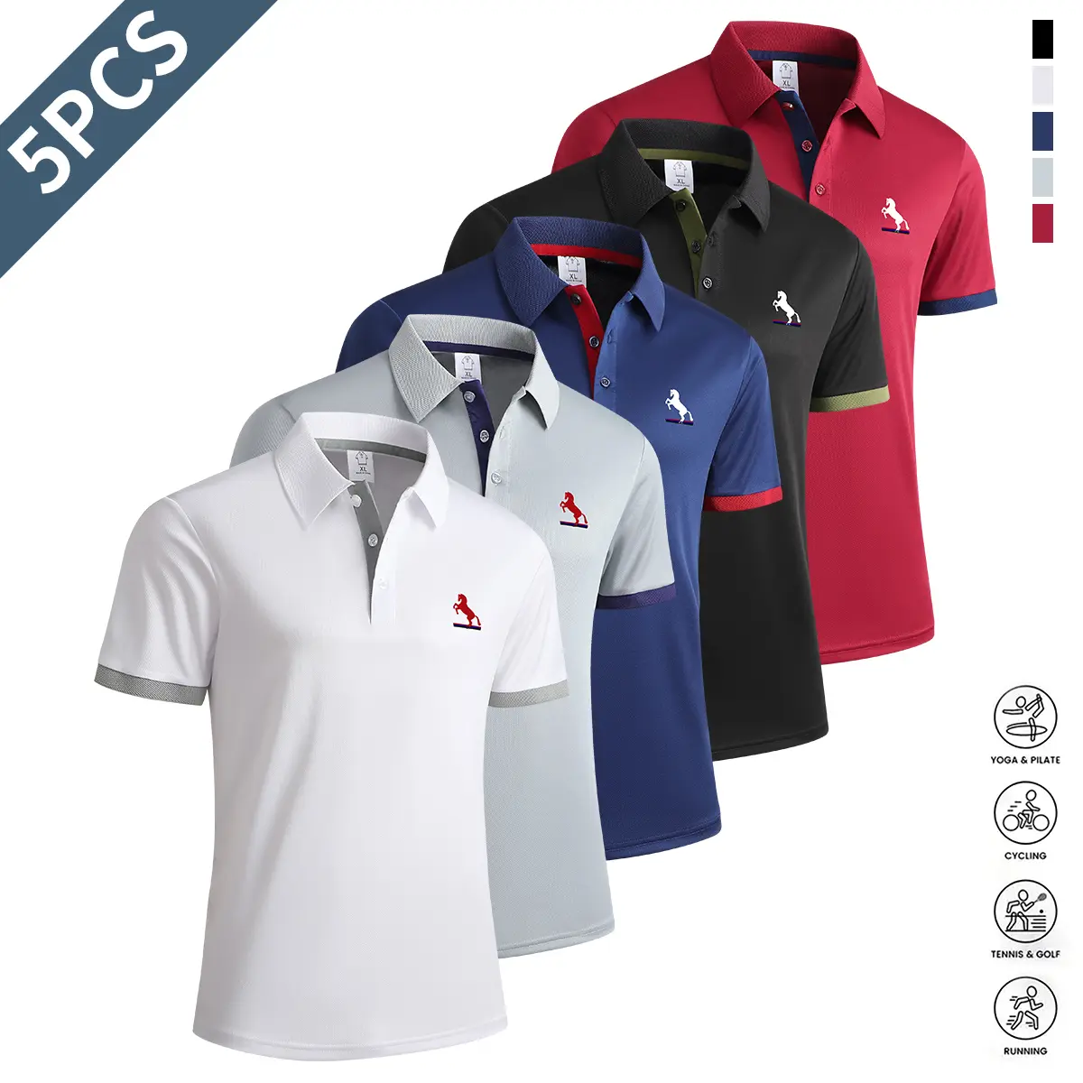 Men's 5-Pack Striped Polyester Polo Shirts, Cuffed Shortsleeve Tops with Color-Matched Collars, Breathable Wear for Business & Vacation, Fitted, Basic, Button